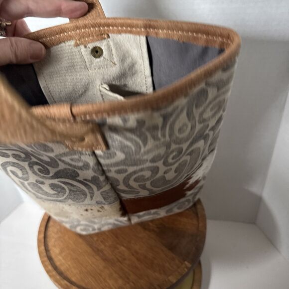 Myra Leather  Double Wine Bottle Bag Tote  Cowhide Leather Canvas - Picture 4 of 12